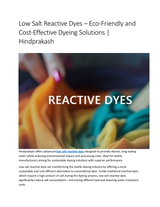 Low Salt Reactive Dyes – Eco-Friendly and Cost-Effective Dyeing Solutions
