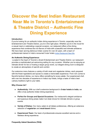 Indian Restaurant Near Me - Experience Authentic Fine Dining in Toronto’s Entert