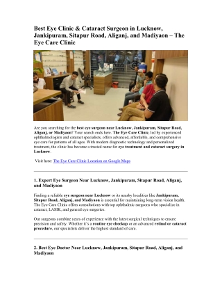 Best Eye Clinic in Lucknow, Jankipuram, Sitapur Road, Aliganj, and Madiyaon