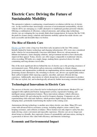 Electric Cars: Driving the Future of Sustainable Mobility