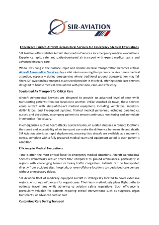 Experience Trusted Aircraft Aeromedical Services for Emergency Medical Evacuatio