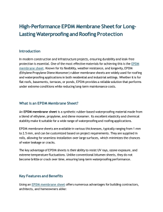 High-Performance EPDM Membrane Sheet for Long-Lasting Waterproofing and Roofing protection