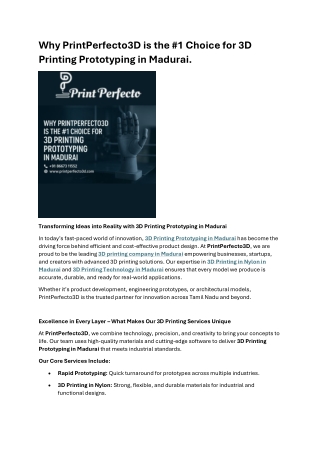Why PrintPerfecto3D is the 1 Choice for 3D Printing Prototyping in Madurai