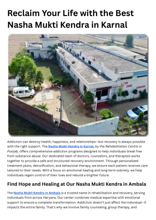 Reclaim Your Life with the Best Nasha Mukti Kendra in Karnal