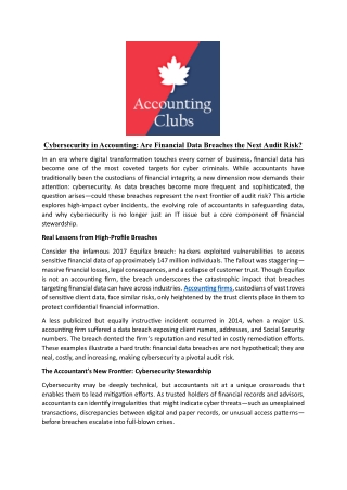 Cybersecurity in Accounting: Are Financial Data Breaches the Next Audit Risk?