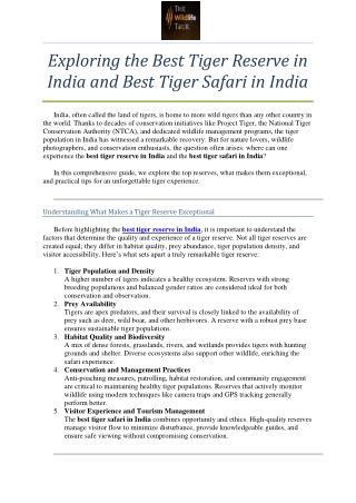 Exploring the Best Tiger Reserve in India and Best Tiger Safari in India
