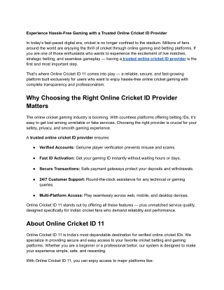 Experience Hassle-Free Gaming with a Trusted Online Cricket ID Provider