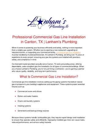 Professional Commercial Gas Line Installation in Canton, TX | Lanham’s Plumbing