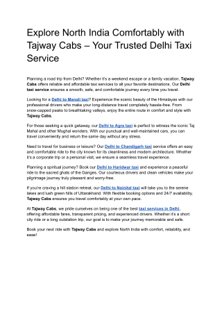 Explore North India Comfortably with Tajway Cabs – Your Trusted Delhi Taxi Service