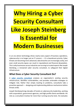 Why Hiring a Cyber Security Consultant Like Joseph Steinberg Is Essential for Modern Businesses