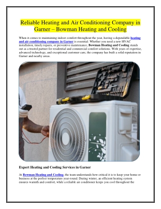 Reliable Heating and Air Conditioning Company in Garner Bowman Heating