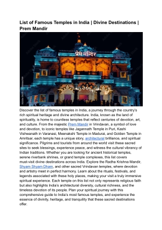 List of Famous Temples in India _ Divine Destinations _ Prem Mandir