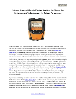 Exploring Advanced Electrical Testing Solutions the Megger Test Equipment and Testo Analyzers for Reliable Performance