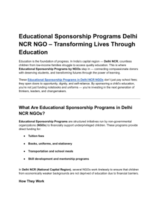 Educational Sponsorship Programs Delhi NCR NGO