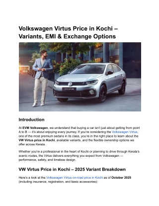Volkswagen Virtus Price in Kochi – Variants, EMI & Exchange Options