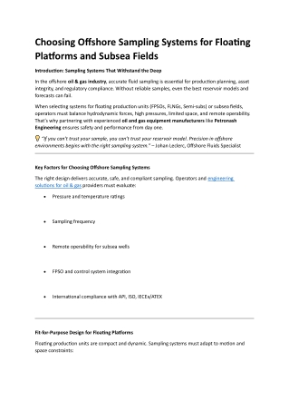 Choosing Offshore Sampling Systems for Floating Platforms and Subsea Fields