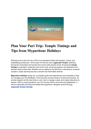 Plan Your Puri Trip: Temple Timings and Tips from Mypuritour Holidays