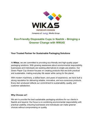 Eco-Friendly Disposable Cups in Nashik – Bringing a Greener Change with WIKAS