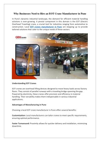Why Businesses Need to Hire an EOT Crane Manufacturer in Pune