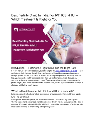 Best Fertility Clinic In India For IVF, ICSI & IUI – Which Treatment Is Right fo