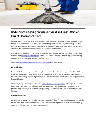 D&G Carpet Cleaning Provides Efficient and Cost-Effective Carpet Cleaning Solutions