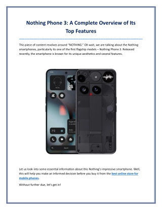 Nothing Phone 3 A Complete Overview of Its Top Features
