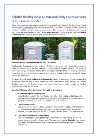 Construction Site Holding Tanks Chesapeake | Spivey Services