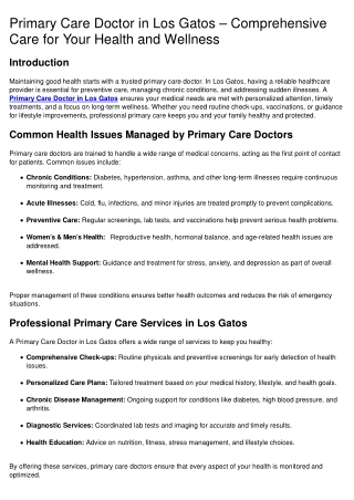Primary Care Doctor in Los Gatos – Comprehensive Care for Your Health and Wellne