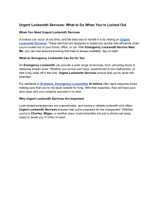 Urgent Locksmith Services What to Do When You’re Locked Out