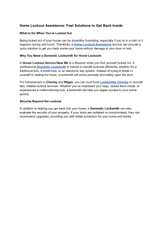 Home Lockout Assistance Fast Solutions to Get Back Inside