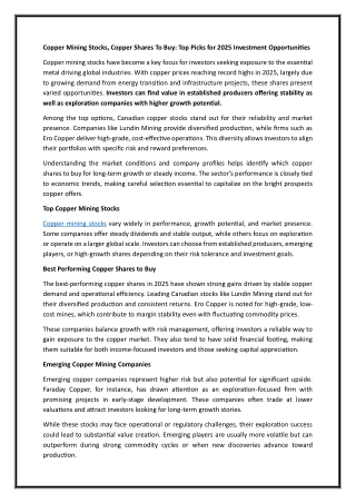 Copper Mining Stocks, Copper Shares To Buy Top Picks for 2025 Investment Opportunities