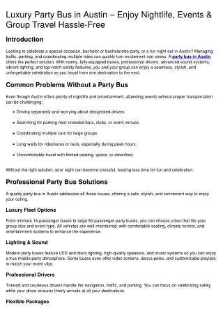 Luxury Party Bus in Austin – Enjoy Nightlife, Events & Group Travel Hassle-Free