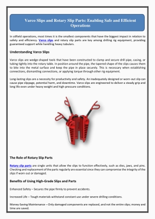 Varco Slips and Rotary Slip Parts Enabling Safe and Efficient Operations