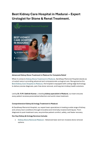 Best Kidney Care Hospital in Madurai  Expert Urologist for Stone & Renal Treatment