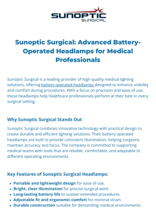 Sunoptic Surgical  Battery Operated Headlamp for Medical Use