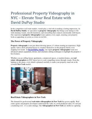 Professional Property Videography in NYC – Elevate Your Real Estate with David DuPuy Studio