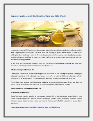 Lemongrass Essential Oil: Benefits, Uses, and Side Effects