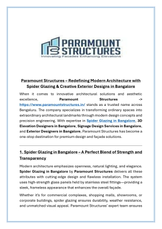 Paramount Structures Redefining Modern Architecture with Spider Glazing & Creative Exterior Designs in Bangalore