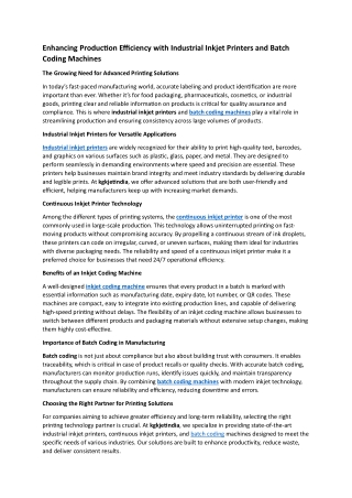 Enhancing Production Efficiency with Industrial Inkjet Printers and Batch Coding Machines