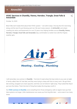 HVAC Services in Chantilly, Vienna, Herndon, Triangle, Great Falls & Annandale