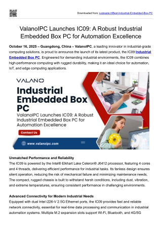 ValanoIPC - Launches IC09 A Robust Industrial Embedded Box PC for Automation Excellence