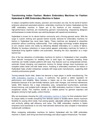 Transforming Indian Fashion_ Modern Embroidery Machines for Fashion, Hyderabad & UME Embroidery Machine in Salem