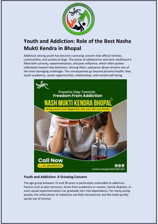 Youth and Addiction and Role of the Best Nasha Mukti Kendra in Bhopal