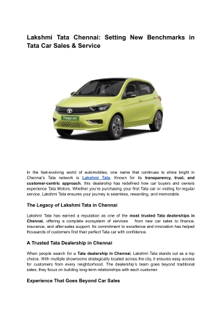 Lakshmi Tata Chennai Setting New Benchmarks in Tata Car Sales & Service