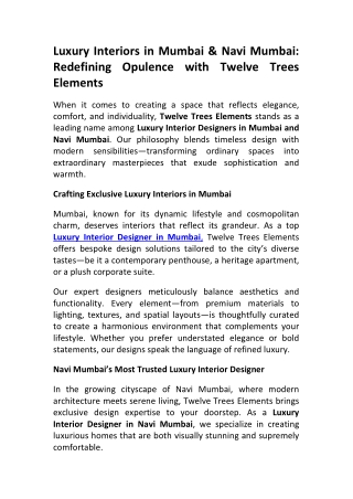 Luxury Residential Interior Designer in Navi Mumbai Tweleve Tree Elements