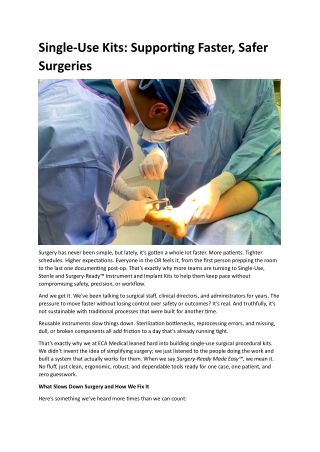 Single-Use Kits- Supporting Faster, Safer Surgeries