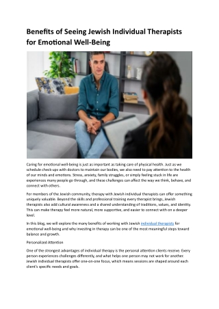 Benefits of Seeing Jewish Individual Therapists for Emotional Well-Being