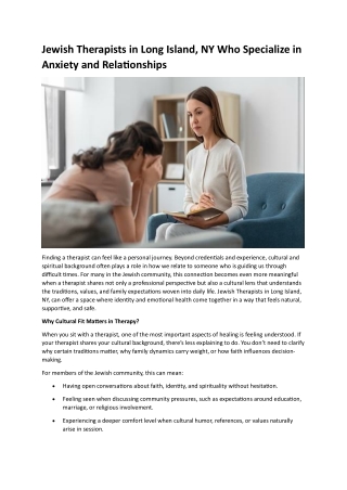 Jewish Therapists in Long Island, NY Who Specialize in Anxiety and Relationships