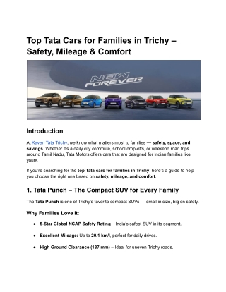 Top Tata Cars for Families in Trichy – Safety, Mileage & Comfort