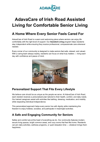 AdavaCare of Irish Road Assisted Living for Comfortable Senior Living
